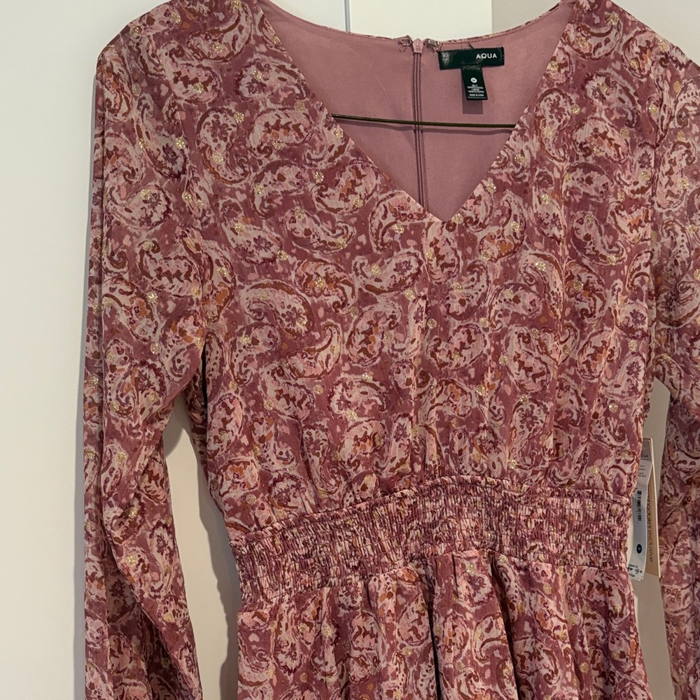 New Bloomingdales Aqua Paisley Long Sleeve Dress size M, NWT